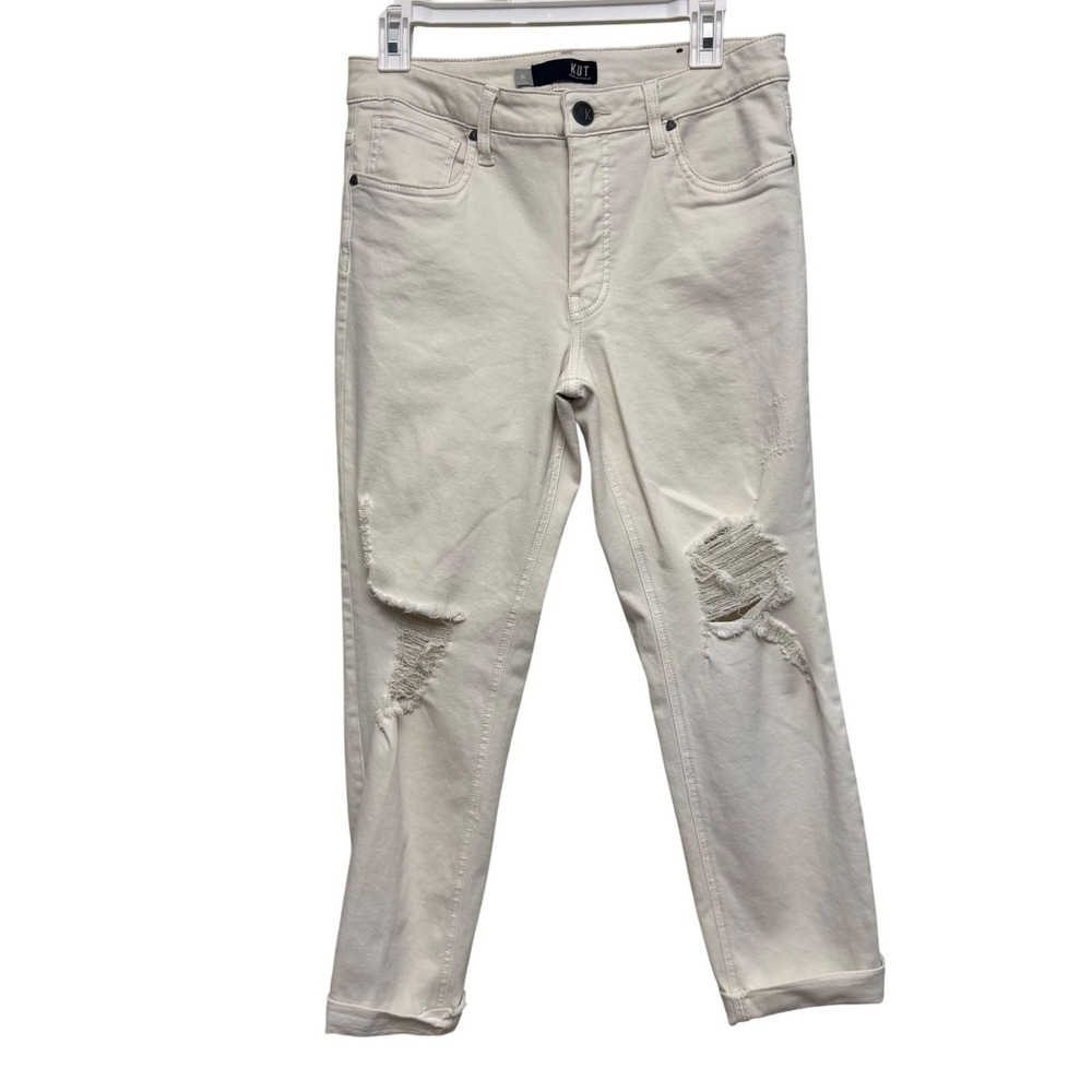 KUT from the Kloth Mom Womens Jeans 6 Long High Rise Distressed Creamy White‎